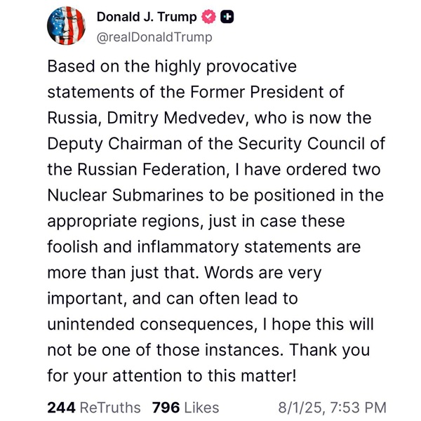 Трамп заявив про розміщення двох атомних підводних човнів через заяви Медведєва